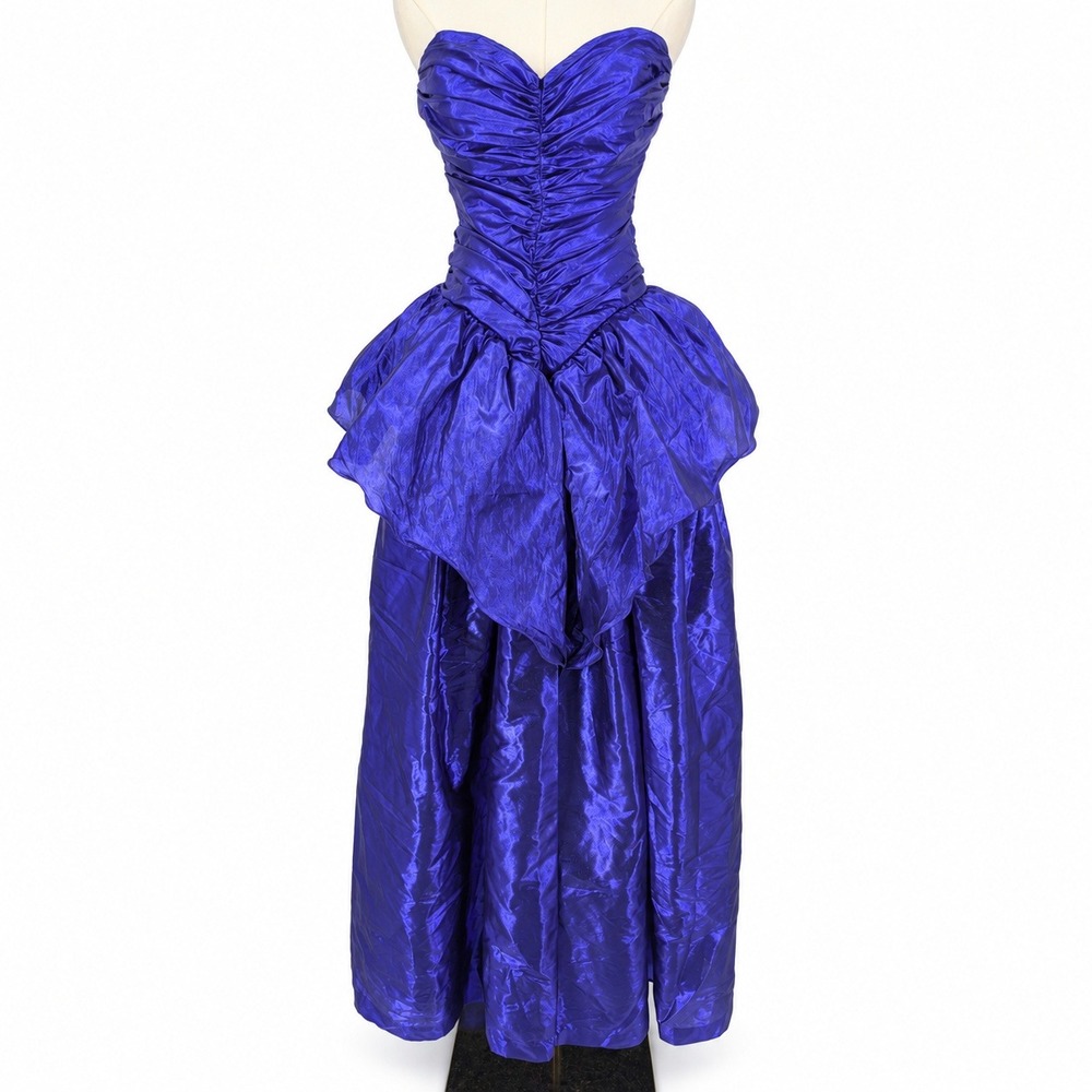 Zum Zum Prom Dress Small Dark Blue VTG 80s Metallic Foil Strapless Ruched Peplum